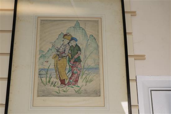 Elyse Ashe-Lord, three coloured drypoint etchings, Oriental figures, all signed in pencil and numbered, largest 37 x 30cm